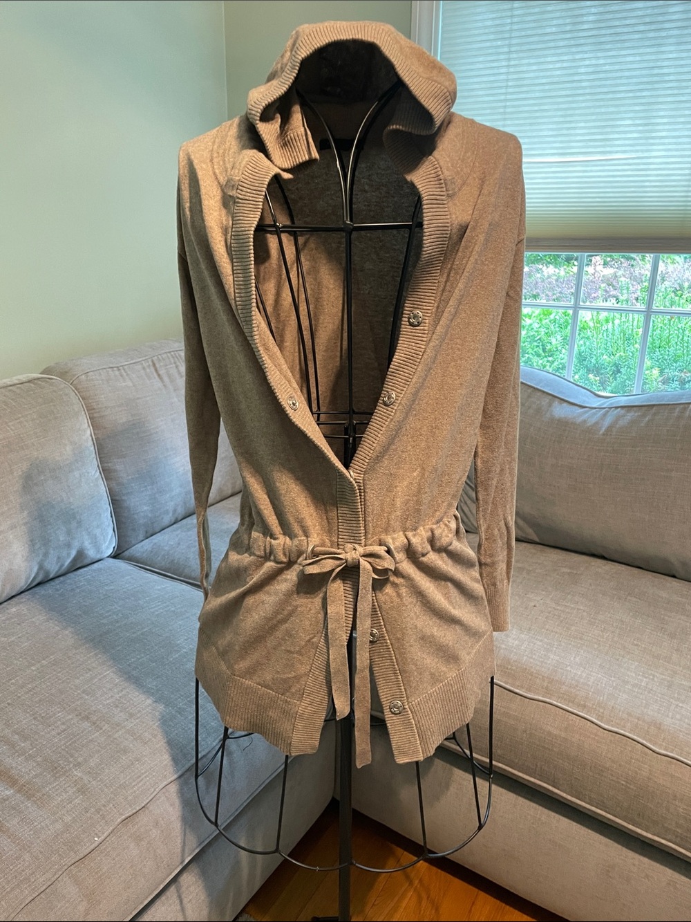 Bananna Republic Beige Hooded Drawstring snap front Cardigan Sweater Jacket